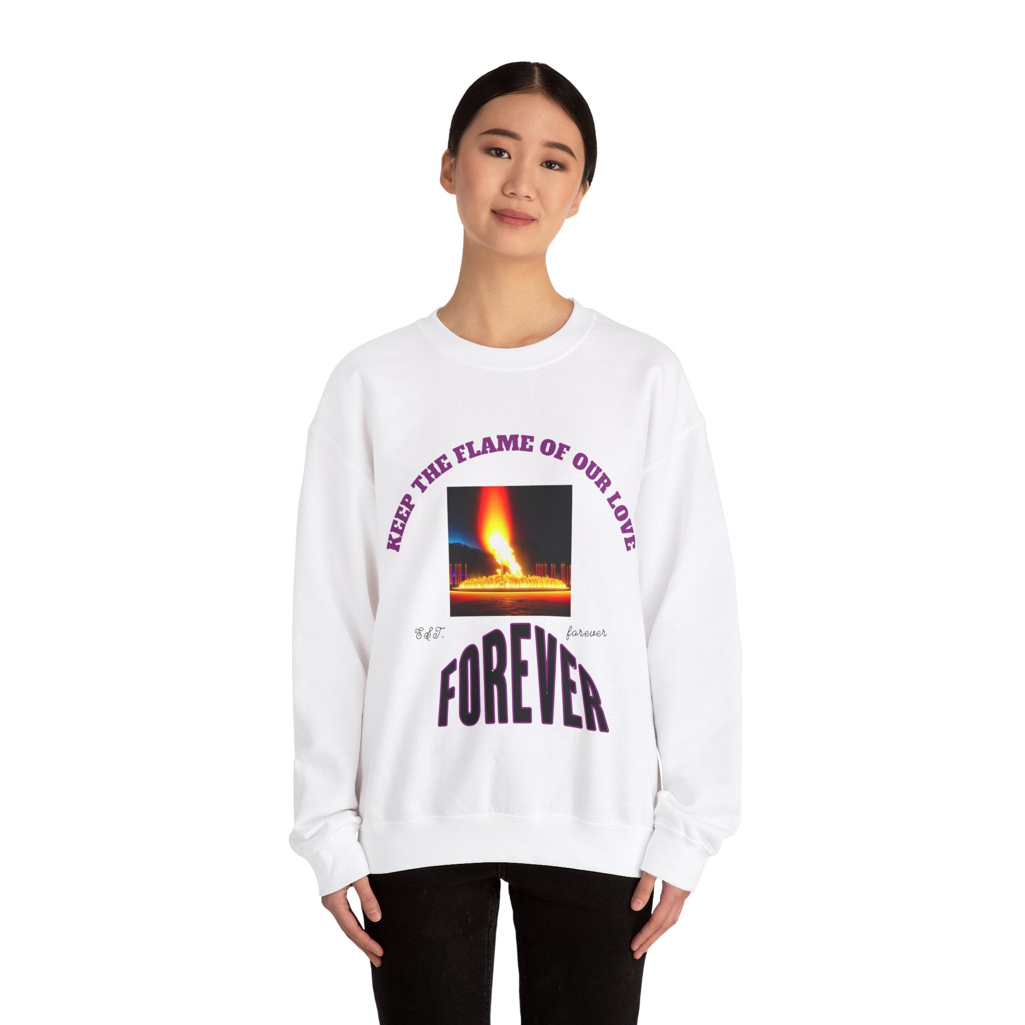 Comfortable Sweatshirt, Unisex Heavy Blend™ Crewneck Sweatshirt, Keep The Flame Of Love Forever.