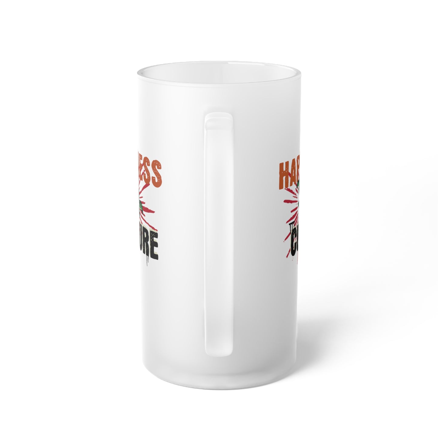 Happy-Hour Frosted Glass Beer Mug, Happiness Culture design