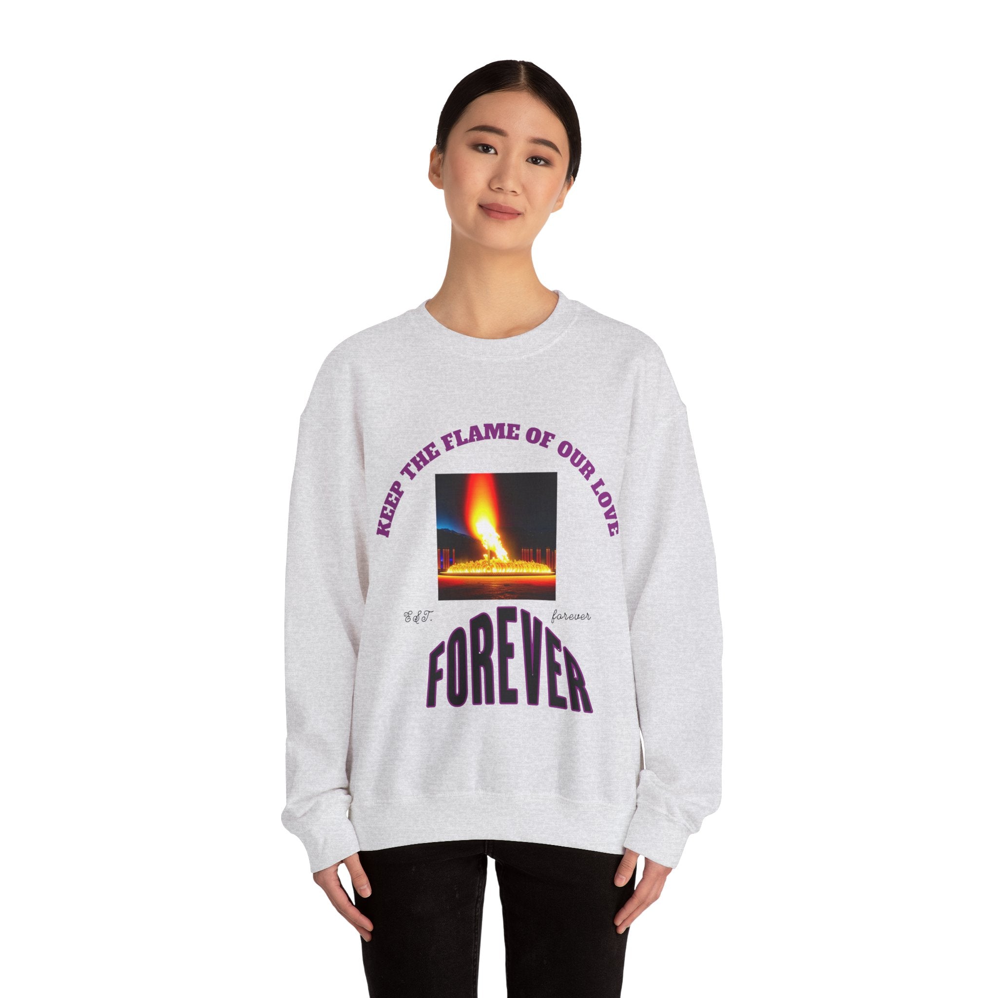 Comfortable Sweatshirt, Unisex Heavy Blend™ Crewneck Sweatshirt, Keep The Flame Of Love Forever.